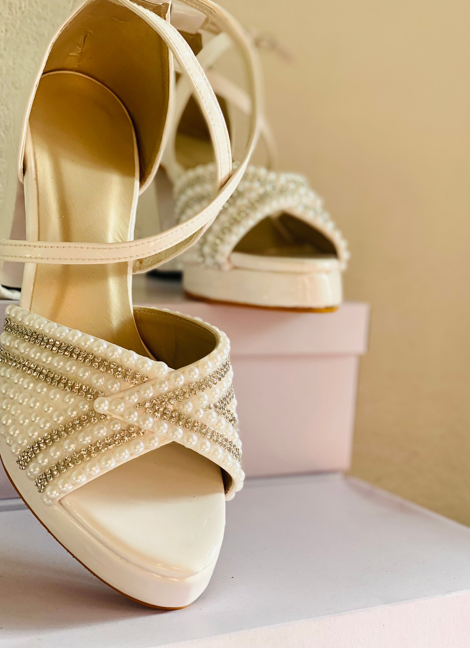 AH3.5-0010 — pure white bridal heel with gold stones and X straps